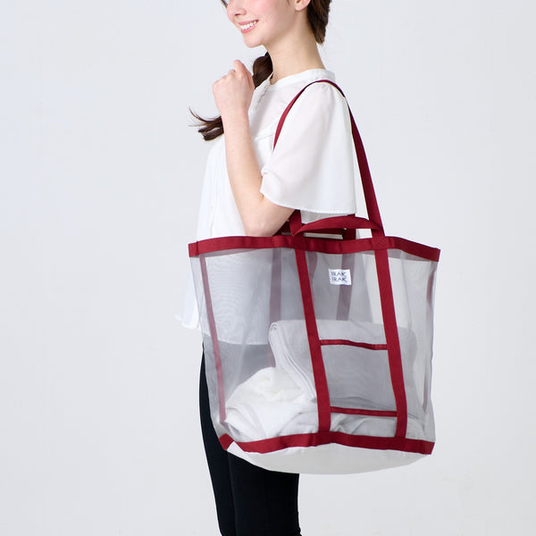 メッシュランドリーバッグ グレー×レッド