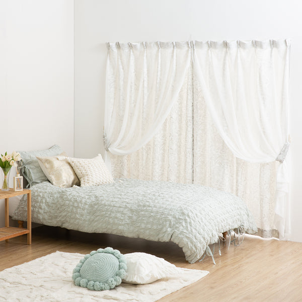 シフォン×ボタニカル ダブルカーテン H2000×W1000 ライトグレー （レース&ドレープ/既製）