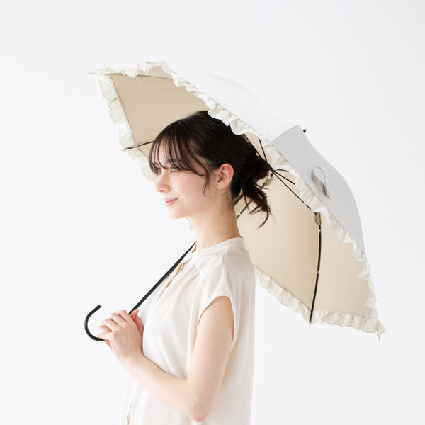 【2024年モデル】遮光 クラシックフリル 長傘 50cm ベージュ（晴雨兼用）